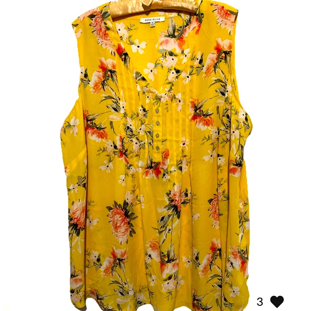 Rose + Olive Top 3X Silky Yellow Floral Cottagecore Sleeveless Tank Shirt Blouse